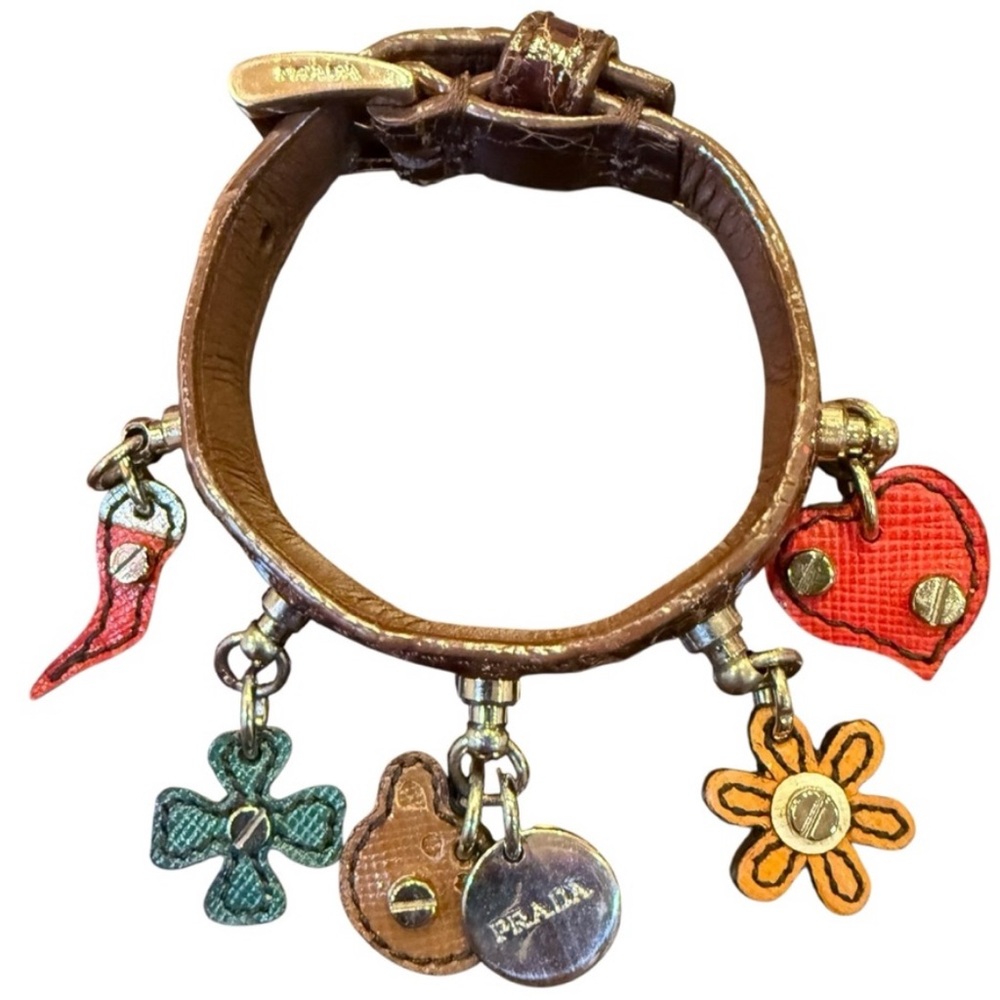 Prada Women’s Vintage Y2K Embossed Brown Leather Charm Bracelet